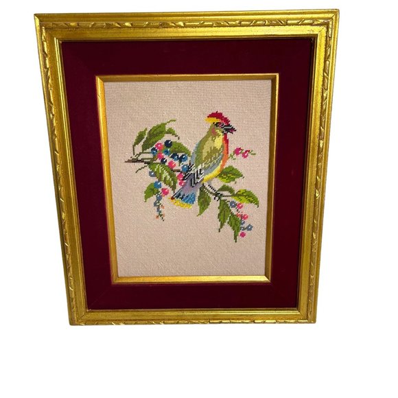 Vintage Other - Vintage Framed Needlepoint Bird Colorful Wall Art Ready to Hang Maroon Floral